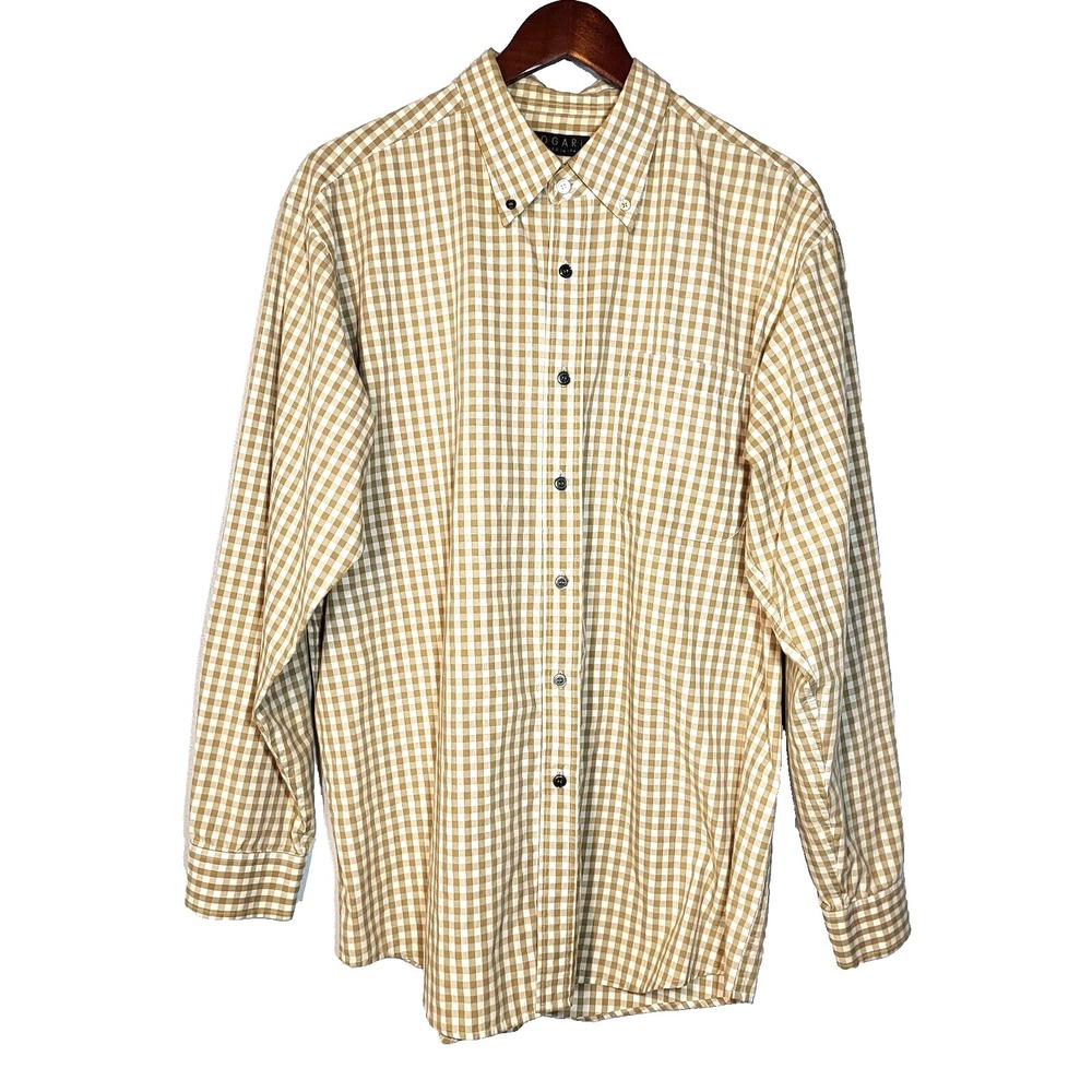 Bogari Mens Italy‎ Tan and White Check Classic Button Down Shirt Pocket Sz Large